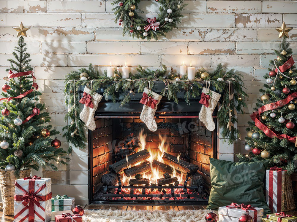 Kate Weihnachten Brennender Kamin Weiße Wand Hintergrund für Fotografie - Kate Backdrop.de
