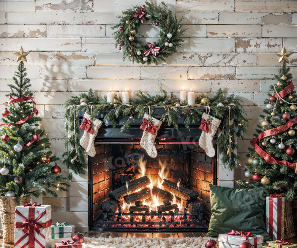 Kate Weihnachten Brennender Kamin Weiße Wand Hintergrund für Fotografie - Kate Backdrop.de