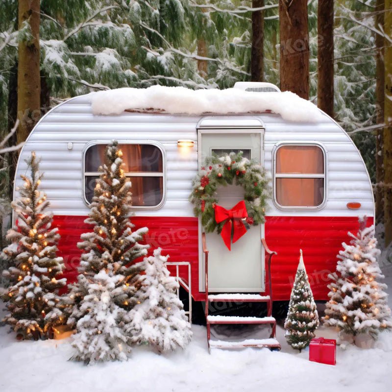 Kate Weihnachten Rot Camping Auto mit Schnee Baum Hintergrund für Fotografie - Kate Backdrop.de