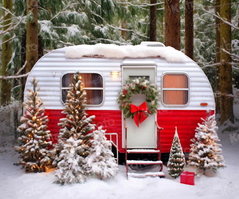 Kate Weihnachten Rot Camping Auto mit Schnee Baum Hintergrund für Fotografie - Kate Backdrop.de