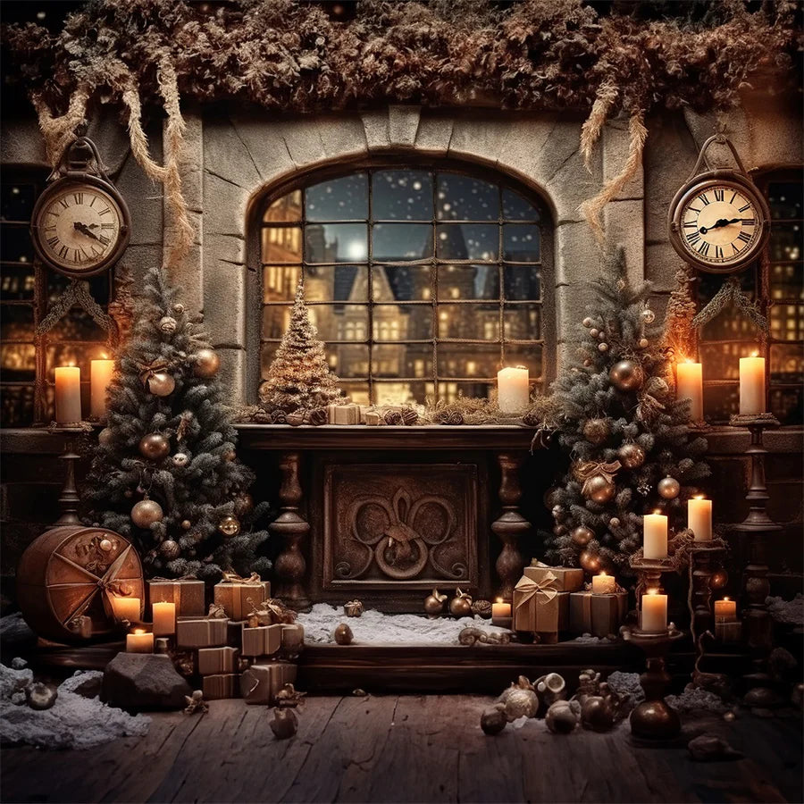 Kate Weihnachten Fenster Uhr Nachtabend Hintergrund für Fotografie - Kate Backdrop.de