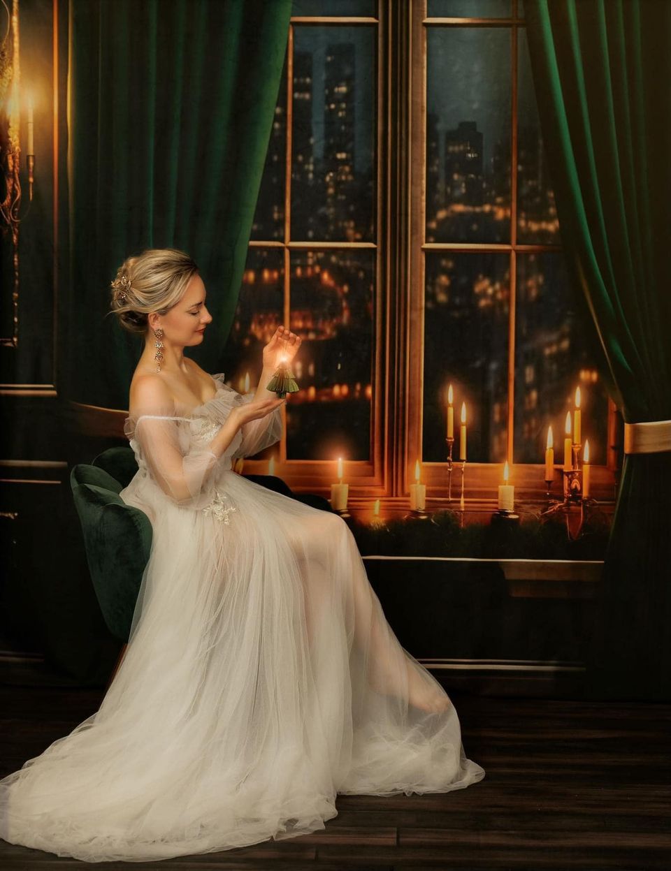 Kate Stadt Nacht Fenster Grün Hintergrund für Fotografie - Kate Backdrop.de