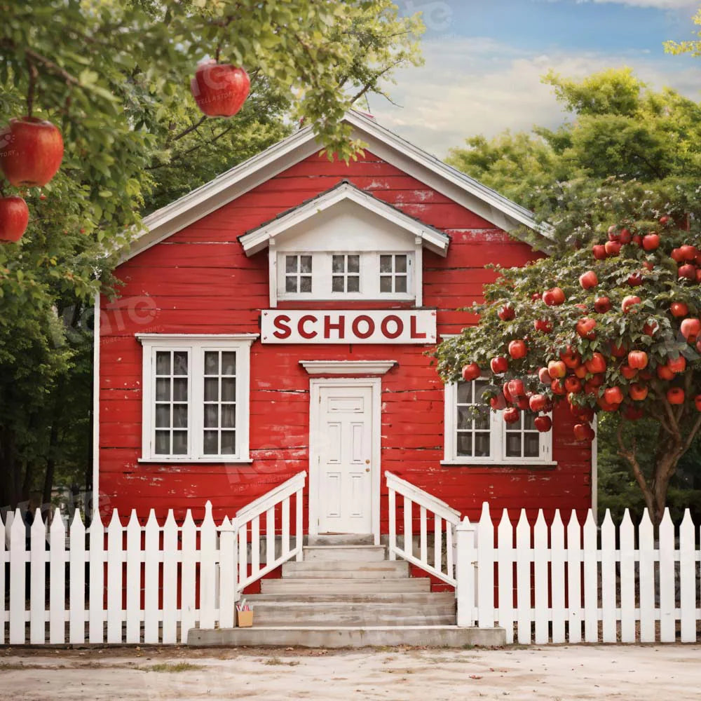 Kate Zurück zu Schule Rotes Haus Apfelbaum Zaun Hintergrund von Chain Photography - Kate Backdrop.de