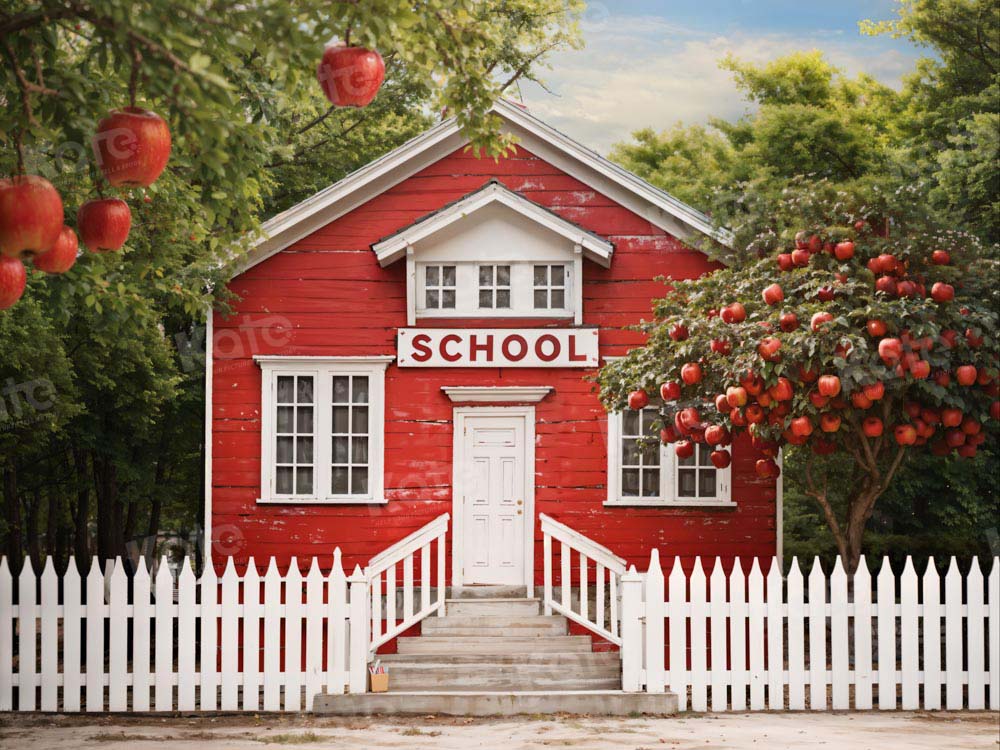Kate Zurück zu Schule Rotes Haus Apfelbaum Zaun Hintergrund von Chain Photography - Kate Backdrop.de