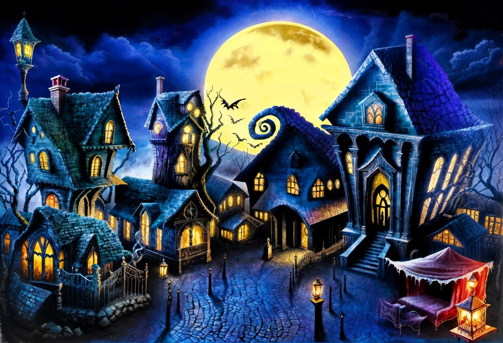 Kate Halloween Großer Mond in Nacht Haus Hintergrund für Fotografie - Kate Backdrop.de