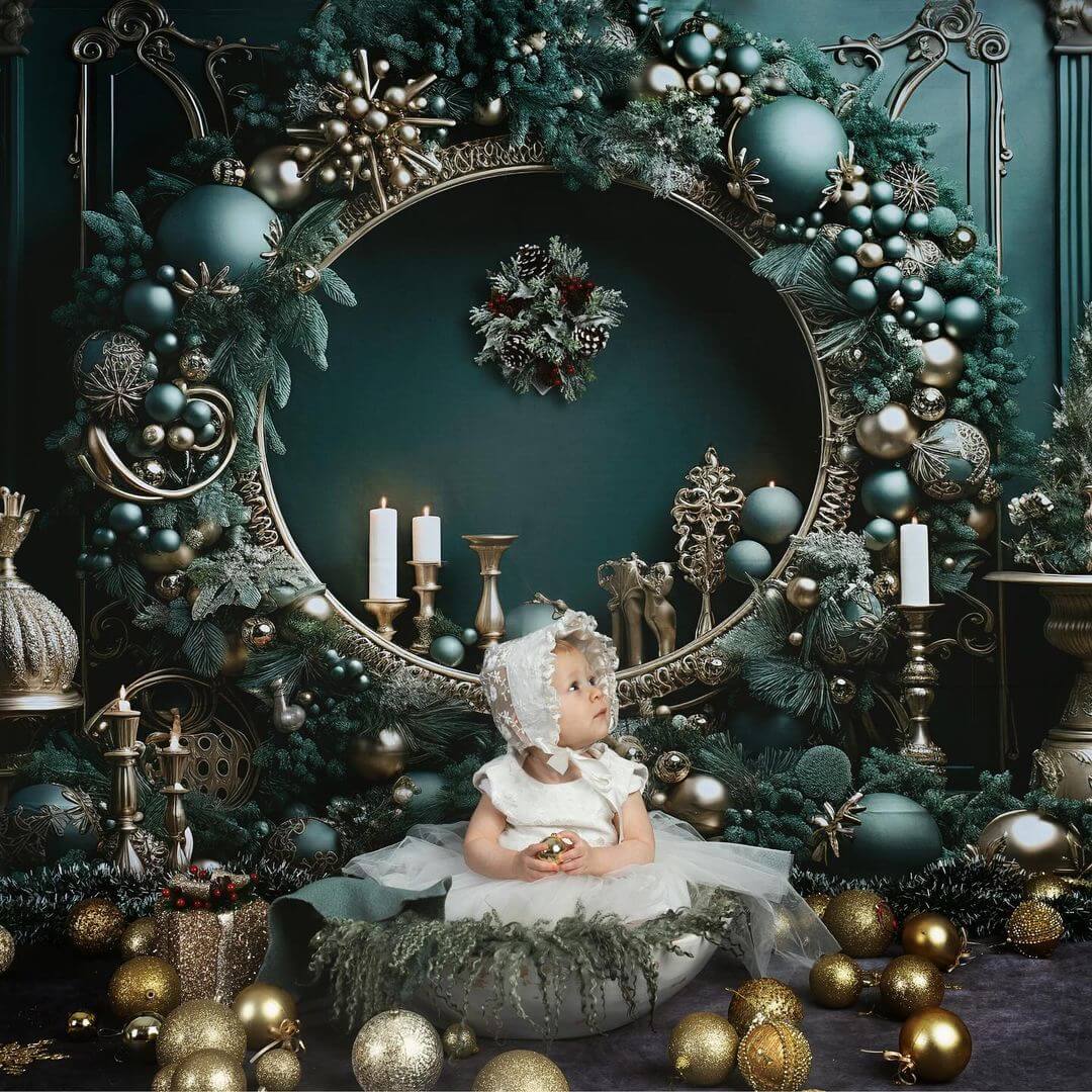 Kate Weihnachten Vintage Grün Wand Großer Kranz Hintergrund von Emetselch - Kate Backdrop.de