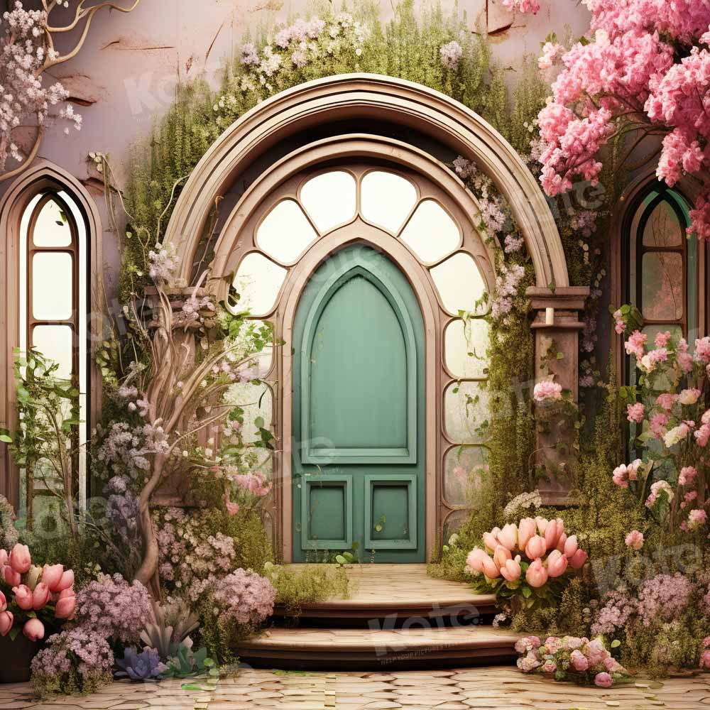 Kate Sommer Rosa Blume Baumhaus Grüne Tür Hintergrund von Emetselch - Kate Backdrop.de