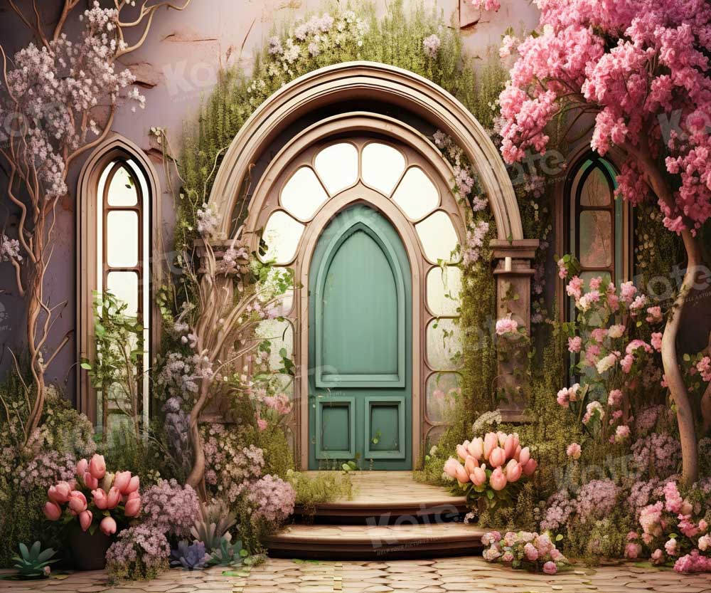 Kate Sommer Rosa Blume Baumhaus Grüne Tür Hintergrund von Emetselch - Kate Backdrop.de
