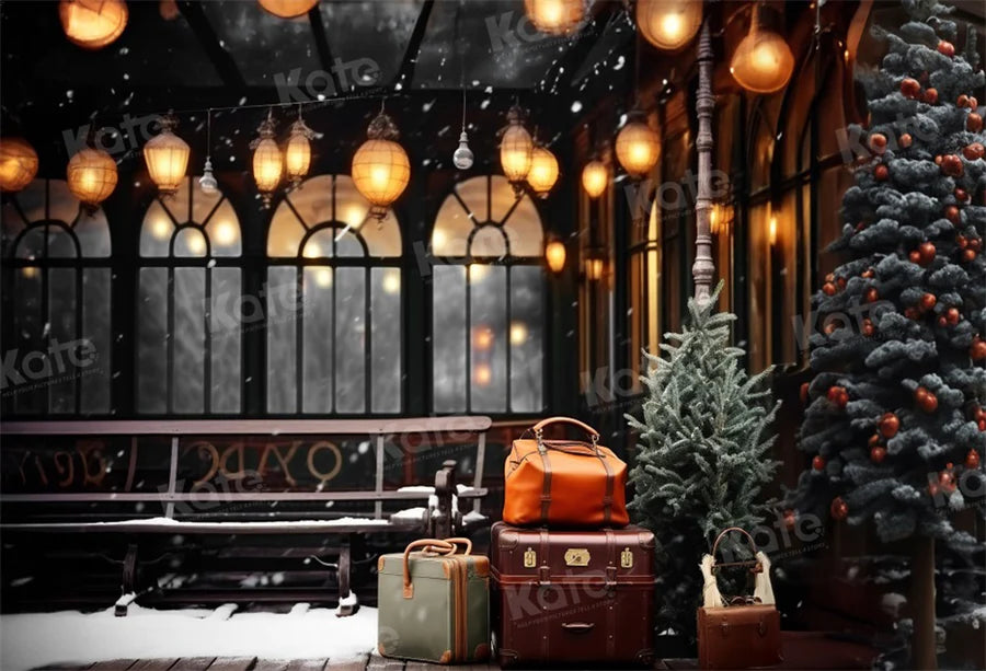 Kate Weihnachten Winter Bahnhof Bahnsteig Gepäck Hintergrund für Fotografie - Kate Backdrop.de