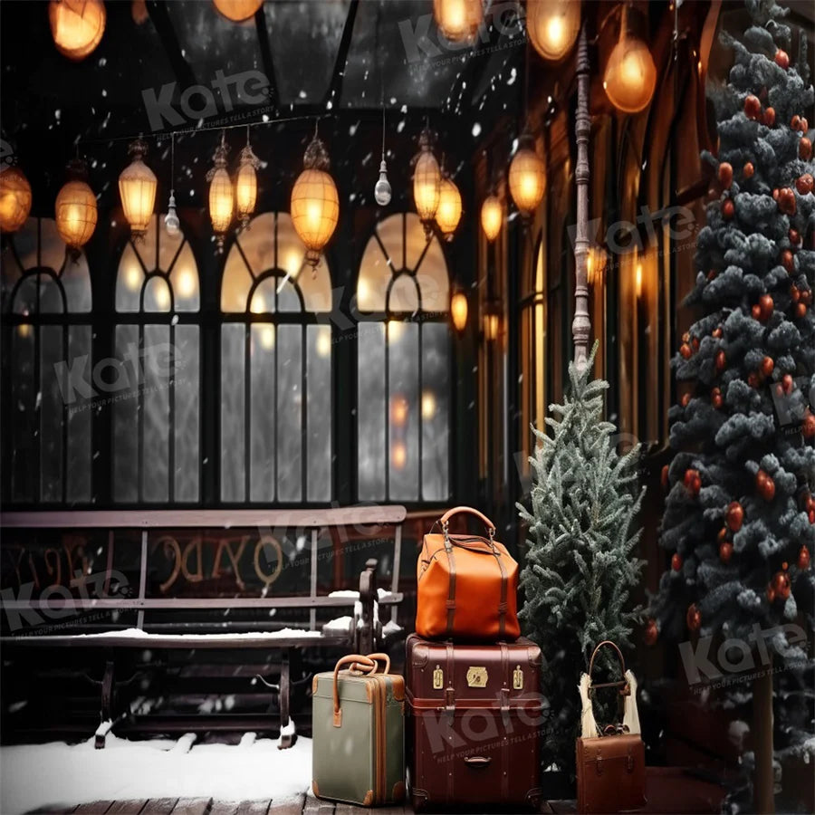 Kate Weihnachten Winter Bahnhof Bahnsteig Gepäck Hintergrund für Fotografie - Kate Backdrop.de