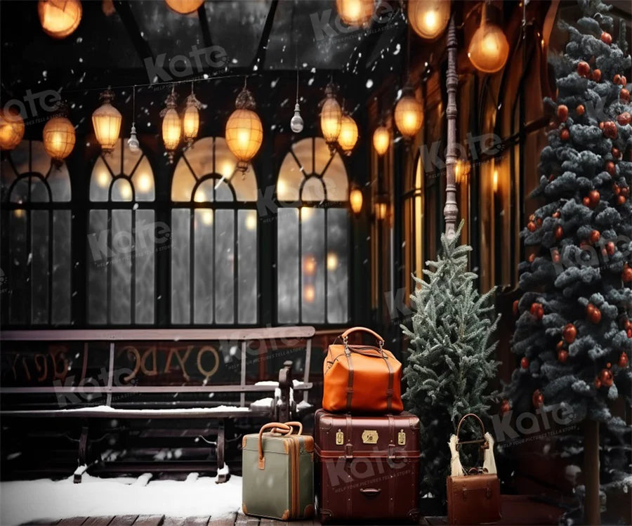 Kate Weihnachten Winter Bahnhof Bahnsteig Gepäck Hintergrund für Fotografie