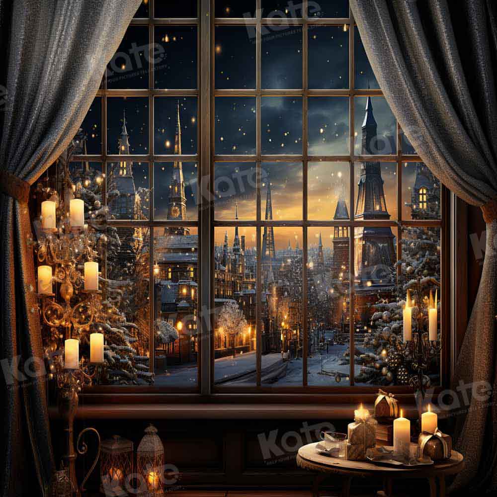 Kate Weihnachten Winter Nacht Stadt Outwindow Kerze Hintergrund von Emetselch - Kate Backdrop.de
