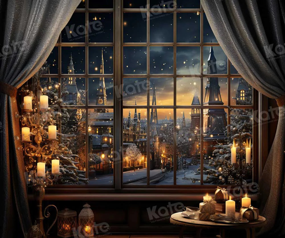 Kate Weihnachten Winter Nacht Stadt Outwindow Kerze Hintergrund von Emetselch - Kate Backdrop.de