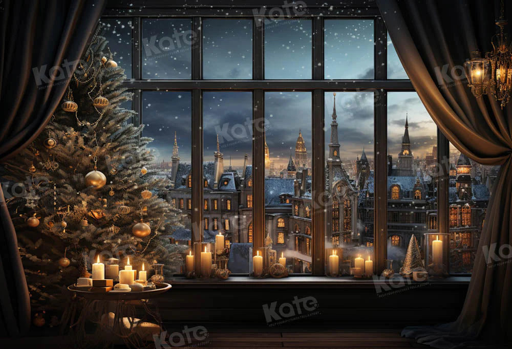 Kate Weihnachten Fenster Kerze Stadt in der Nacht Hintergrund von Emetselch - Kate Backdrop.de