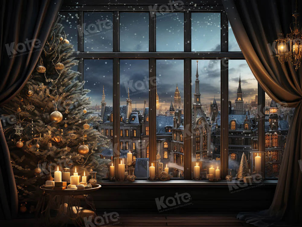 Kate Weihnachten Fenster Kerze Stadt in der Nacht Hintergrund von Emetselch - Kate Backdrop.de