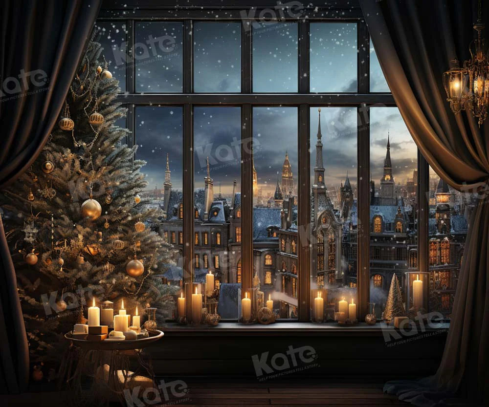 Kate Weihnachten Fenster Kerze Stadt in der Nacht Hintergrund von Emetselch - Kate Backdrop.de