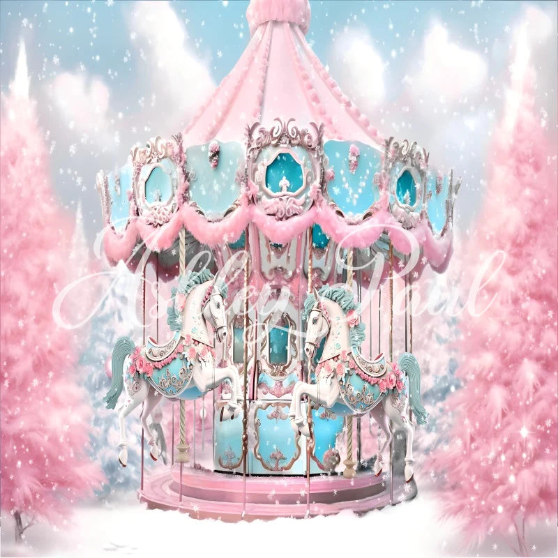 Kate Winter Weihnachten Rosa und Weiß Karussell Hintergrund von Ashley Paul - Kate Backdrop.de