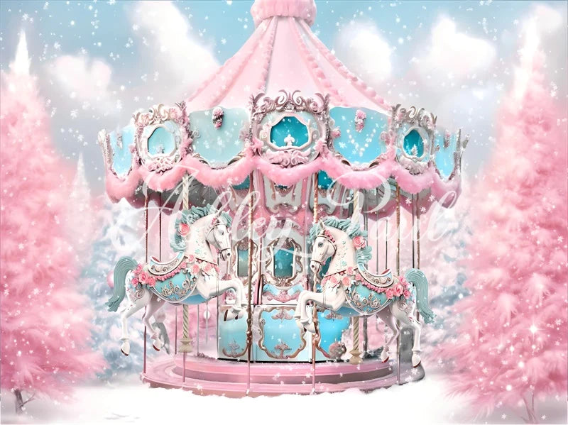Kate Winter Weihnachten Rosa und Weiß Karussell Hintergrund von Ashley Paul - Kate Backdrop.de