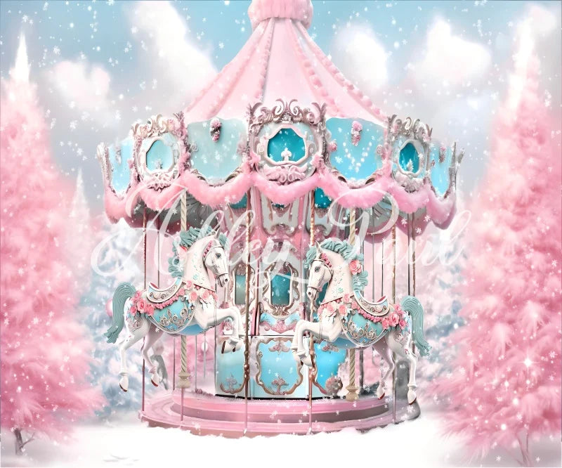 Kate Winter Weihnachten Rosa und Weiß Karussell Hintergrund von Ashley Paul - Kate Backdrop.de