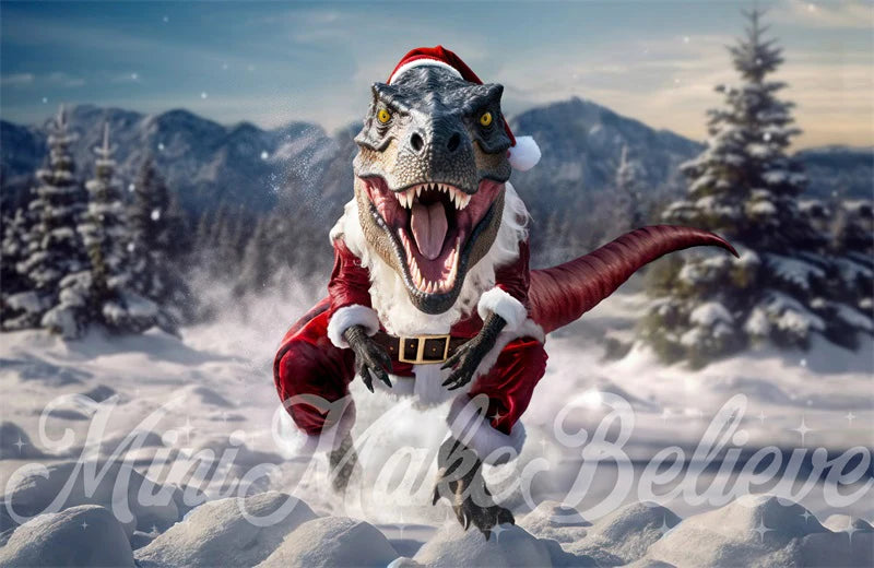 Kate T-Rex mit Weihnachtsmann-Kleidung im Winter-Hintergrund von Mini MakeBelieve