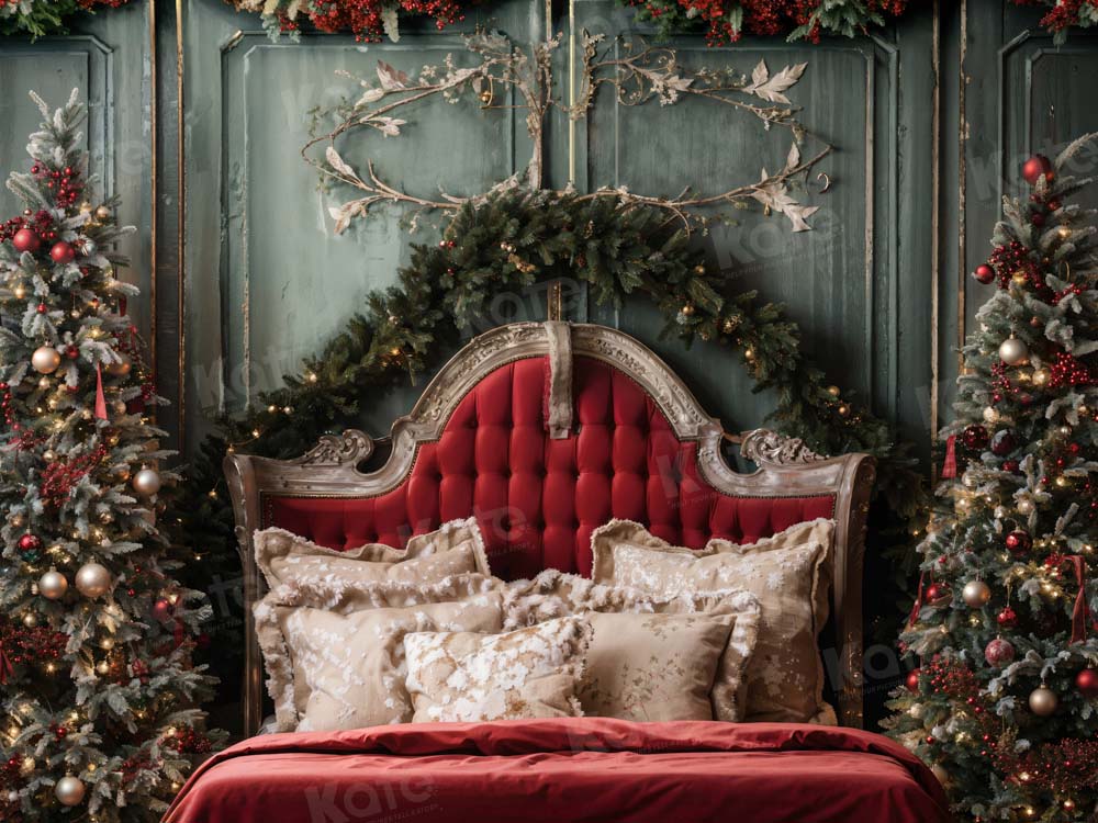 Kate Weihnachten Rotes Kopfteil Grüne Wand Baum Hintergrund von Emetselch - Kate Backdrop.de