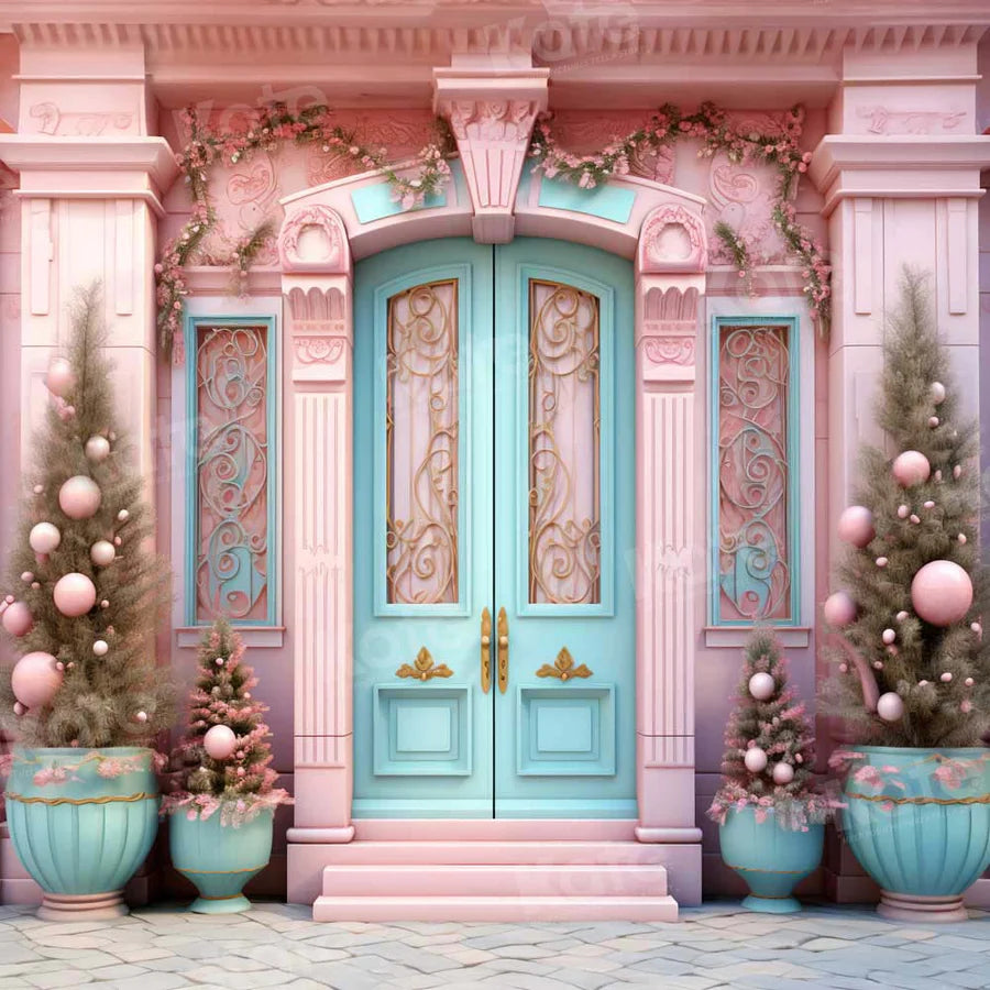 Kate Weihnachten Rosa Haus Blau Tür Hintergrund von Emetselch - Kate Backdrop.de