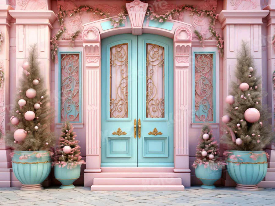 Kate Weihnachten Rosa Haus Blau Tür Hintergrund von Emetselch - Kate Backdrop.de