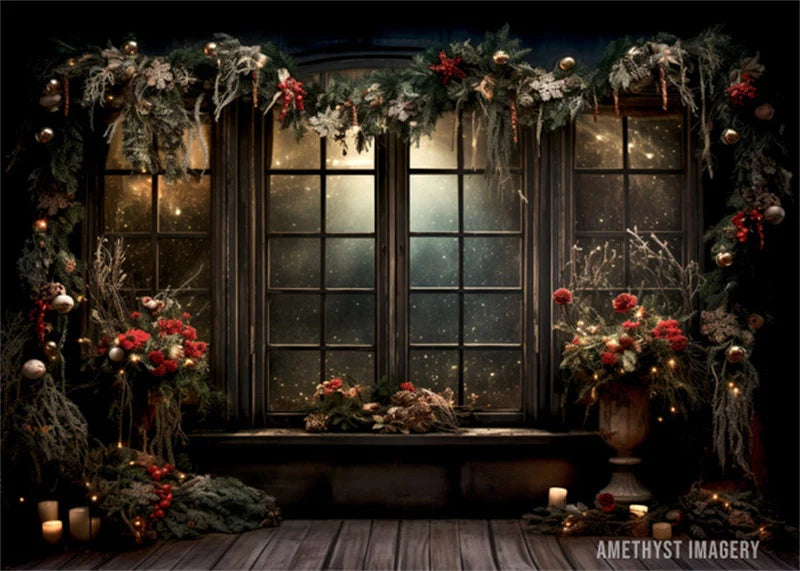 Kate Weihnachten Stechpalme Fenster Schwarze Wand Hintergrund von Angela Miller - Kate Backdrop.de