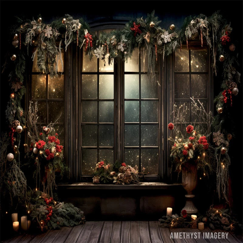 Kate Weihnachten Stechpalme Fenster Schwarze Wand Hintergrund von Angela Miller - Kate Backdrop.de