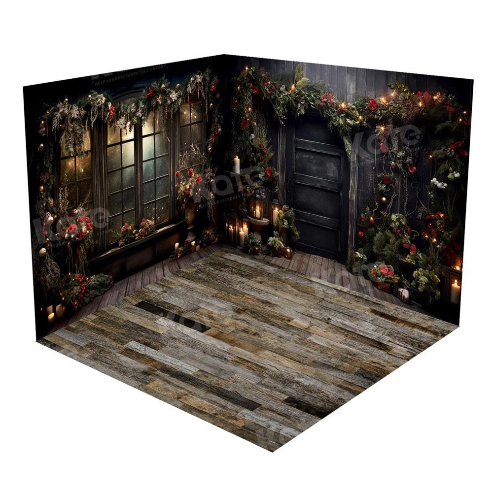 Kate Weihnachten Stechpalme Fenster Tür Schwarz Zimmer Set(8ftx8ft&10ftx8ft&8ftx10ft) - Kate Backdrop.de