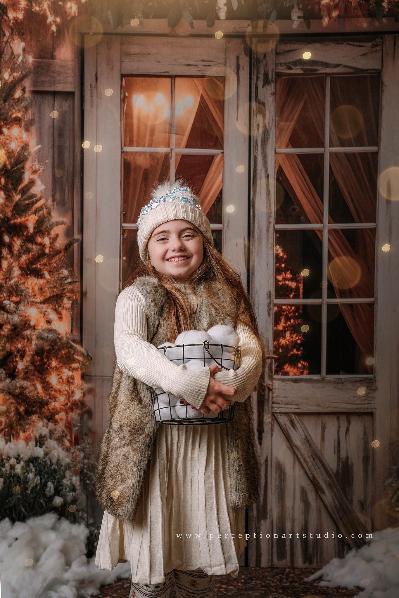Kate Weihnachten Scheune mit Lichtern und Weihnachtsbaum Hintergrund entworfen von Emetselch - Kate Backdrop.de