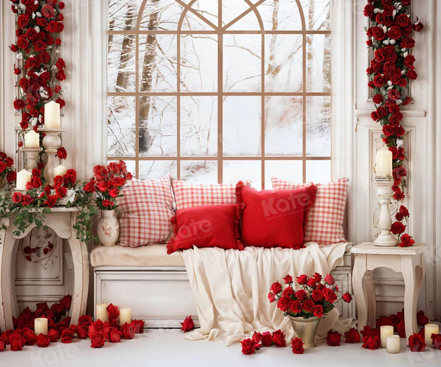 Kate Valentinstag Weißes Sofa Fenster Rose Hintergrund für Fotografie - Kate Backdrop.de