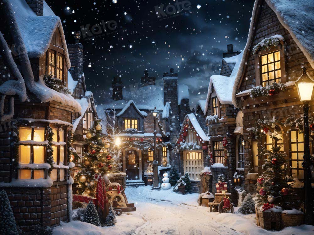 Kate Weihnachten verschneite Straße in der Nacht Hintergrund von Emetselch - Kate Backdrop.de