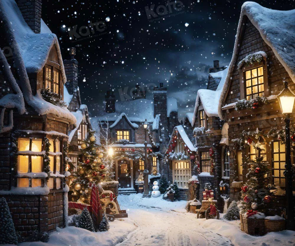 Kate Weihnachten verschneite Straße in der Nacht Hintergrund von Emetselch - Kate Backdrop.de