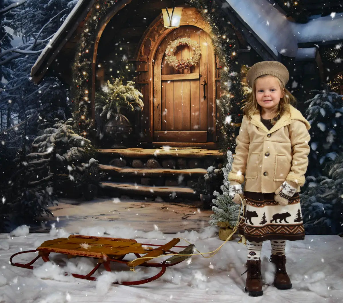 Kate Weihnachten Holzhaus mit Schnee Hintergrund Entworfen von Chain Photography - Kate Backdrop.de