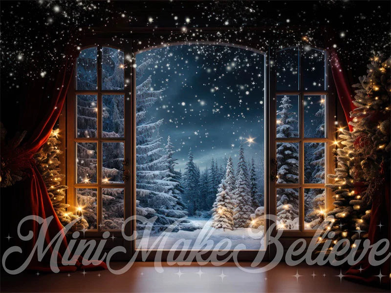 Kate Winter Weihnachten-Bäume Santa Storytime Schnee Fenster Hintergrund von Mini MakeBelieve - Kate Backdrop.de