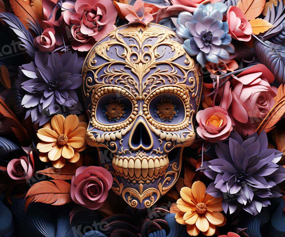 Kate Halloween Bunte Blume Totenkopf Hintergrund von Chain Photography - Kate Backdrop.de
