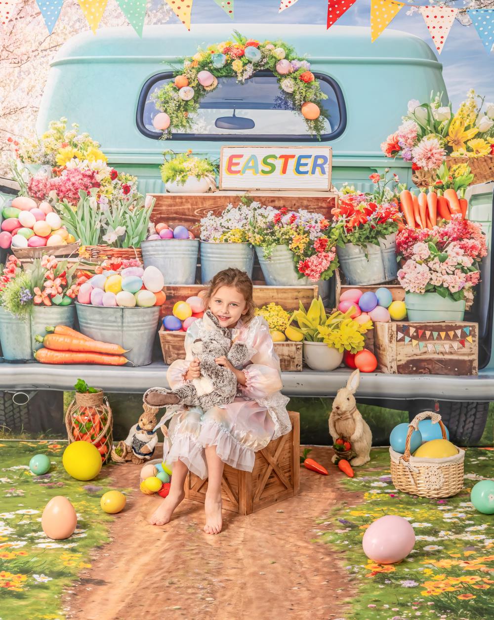 Kate Ostern Truck Grüne Pflanze Hintergrund+Frühjahr Blumen Feld Weg Boden Hintergrund - Kate Backdrop.de