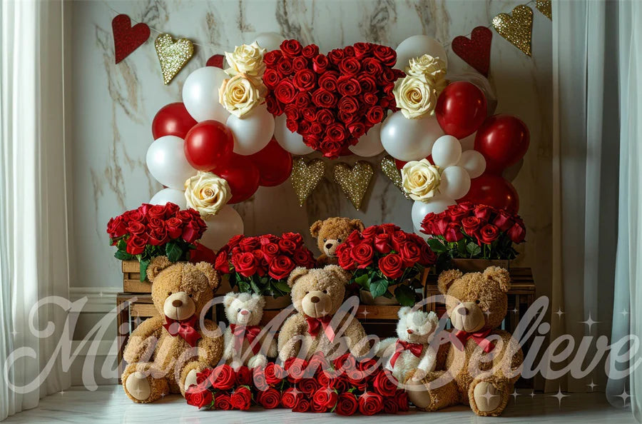 Kate Valentinstag Rote Rose Ballon Bären Hintergrund von Mini MakeBelieve - Kate Backdrop.de