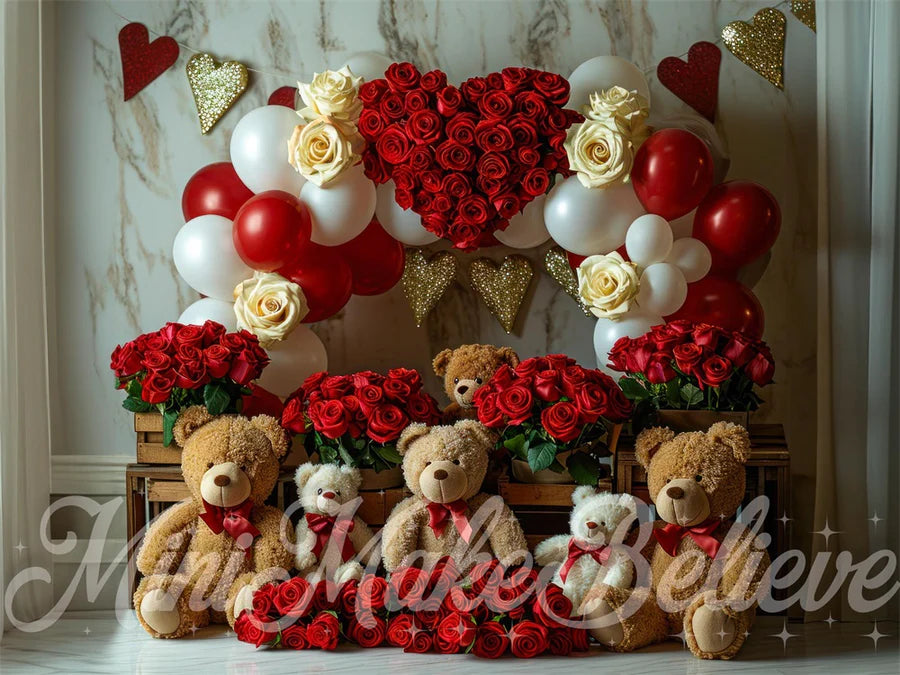 Kate Valentinstag Rote Rose Ballon Bären Hintergrund von Mini MakeBelieve - Kate Backdrop.de