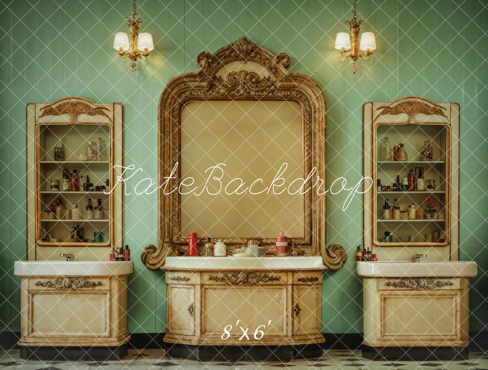 Kate Innen Retro Schönheitssalon Grüne Streifen Wand Hintergrund Entworfen von Emetselch - Kate Backdrop.de