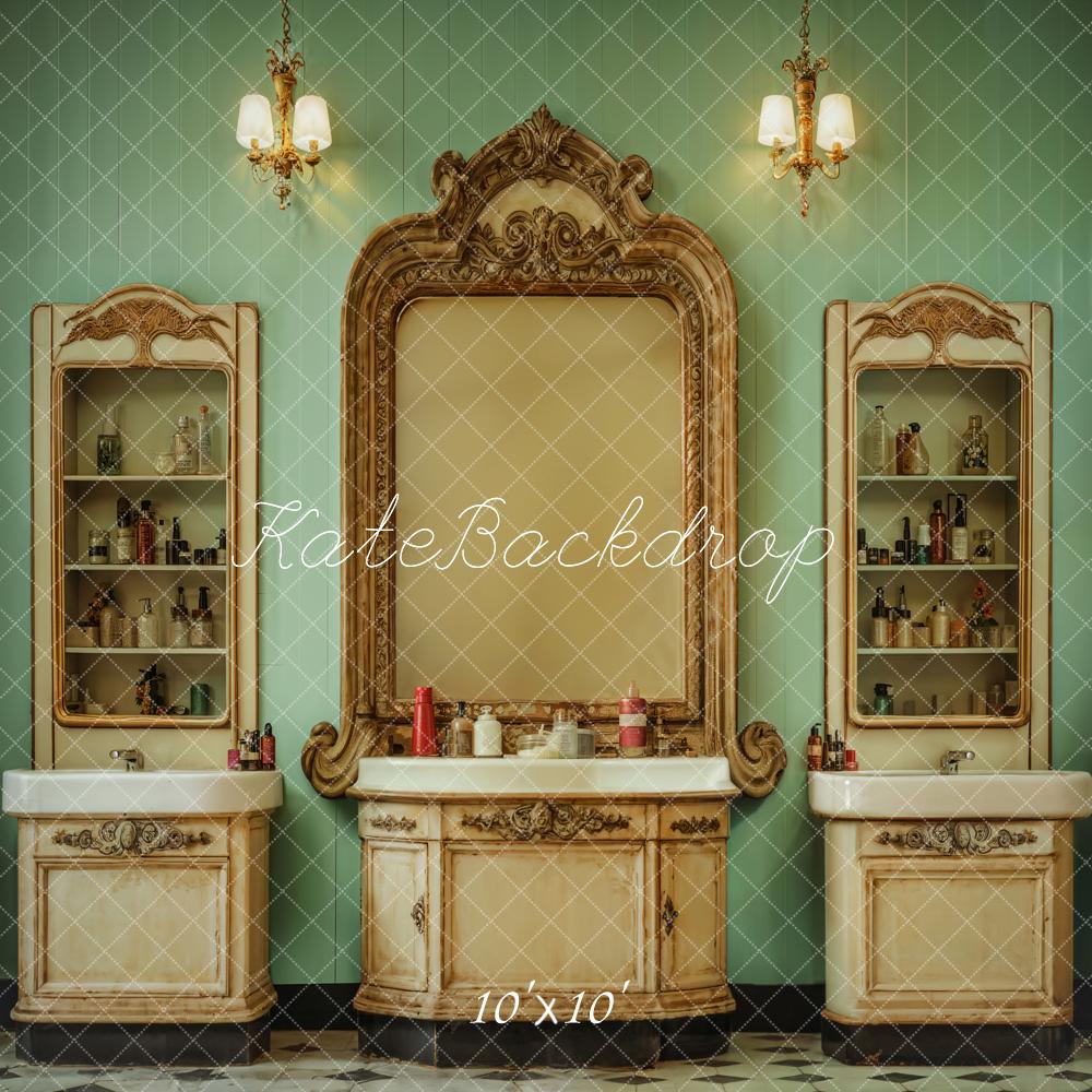 Kate Innen Retro Schönheitssalon Grüne Streifen Wand Hintergrund Entworfen von Emetselch - Kate Backdrop.de