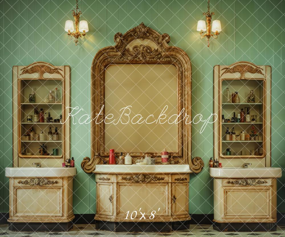 Kate Innen Retro Schönheitssalon Grüne Streifen Wand Hintergrund Entworfen von Emetselch - Kate Backdrop.de