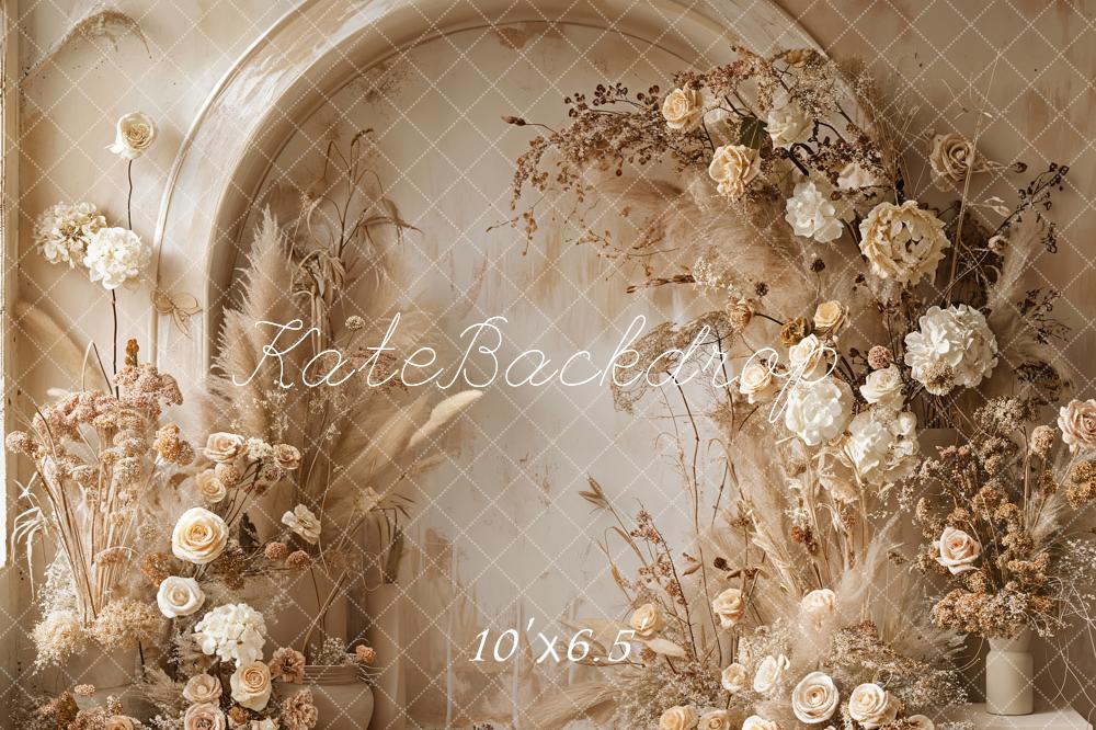Kate Boho Backdrop Hell Beige Schilf Weiß Floral Gewölbe Wand Designed by Emetselch - Kate Backdrop.de