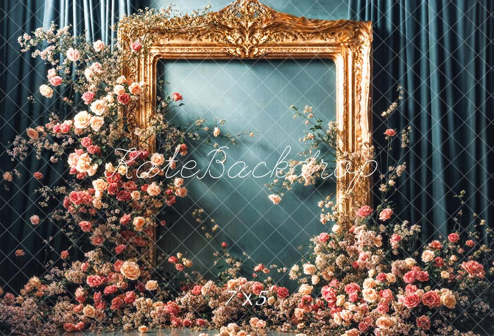 Kate Vintage Bunte Blumen Golden Rahmen Dunkelgrüne Vorhang Wand Hintergrund Entworfen von Emetselch - Kate Backdrop.de