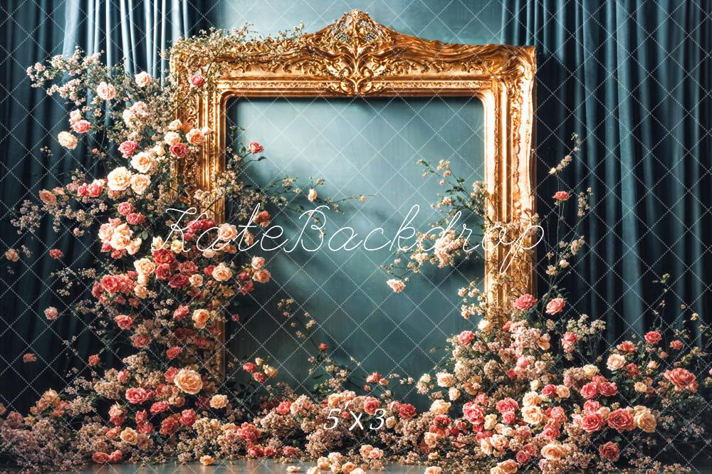 Kate Vintage Bunte Blumen Golden Rahmen Dunkelgrüne Vorhang Wand Hintergrund Entworfen von Emetselch - Kate Backdrop.de