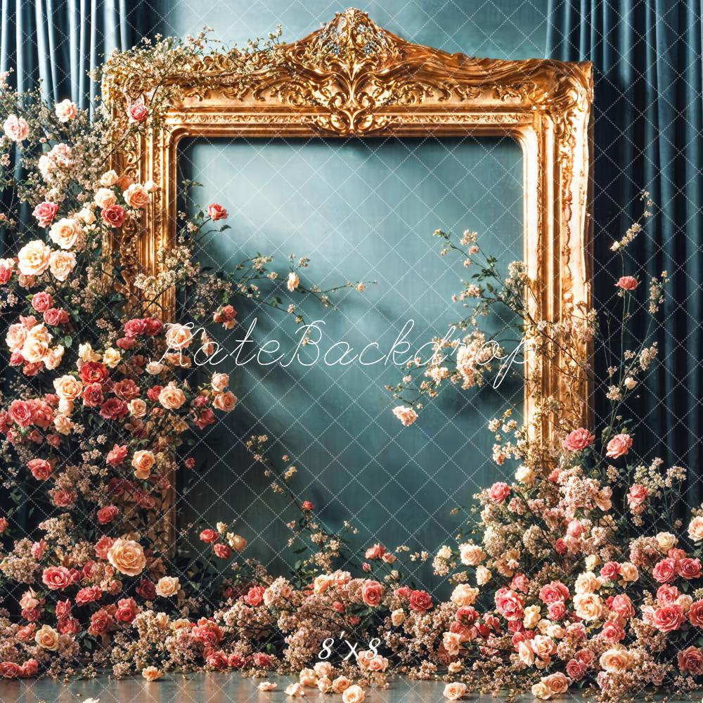 Kate Vintage Bunte Blumen Golden Rahmen Dunkelgrüne Vorhang Wand Hintergrund Entworfen von Emetselch - Kate Backdrop.de