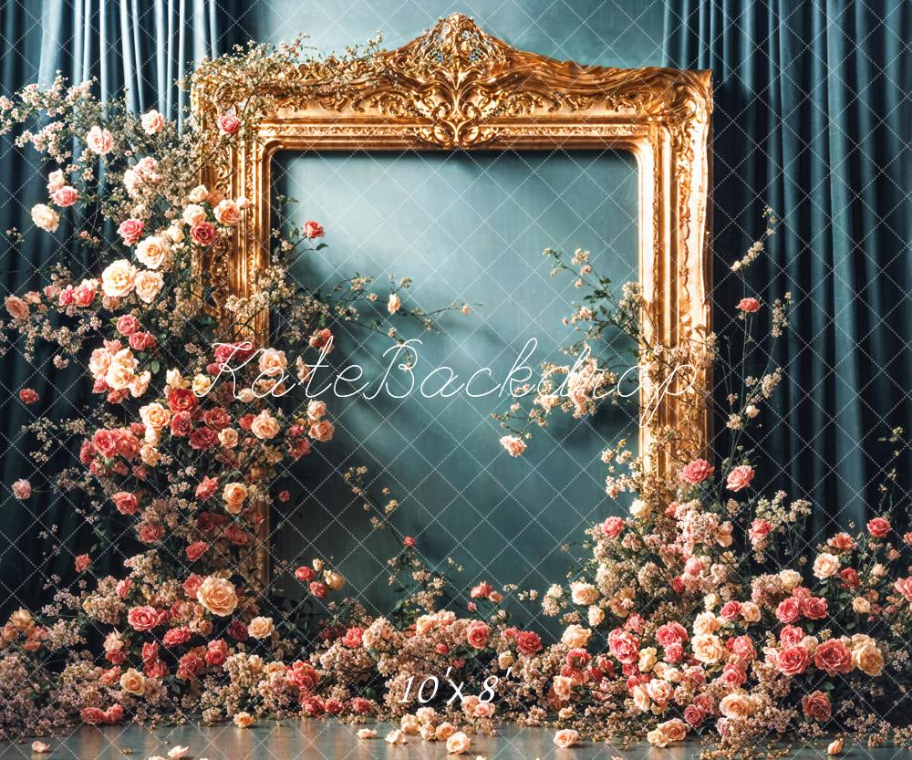 Kate Vintage Bunte Blumen Golden Rahmen Dunkelgrüne Vorhang Wand Hintergrund Entworfen von Emetselch - Kate Backdrop.de