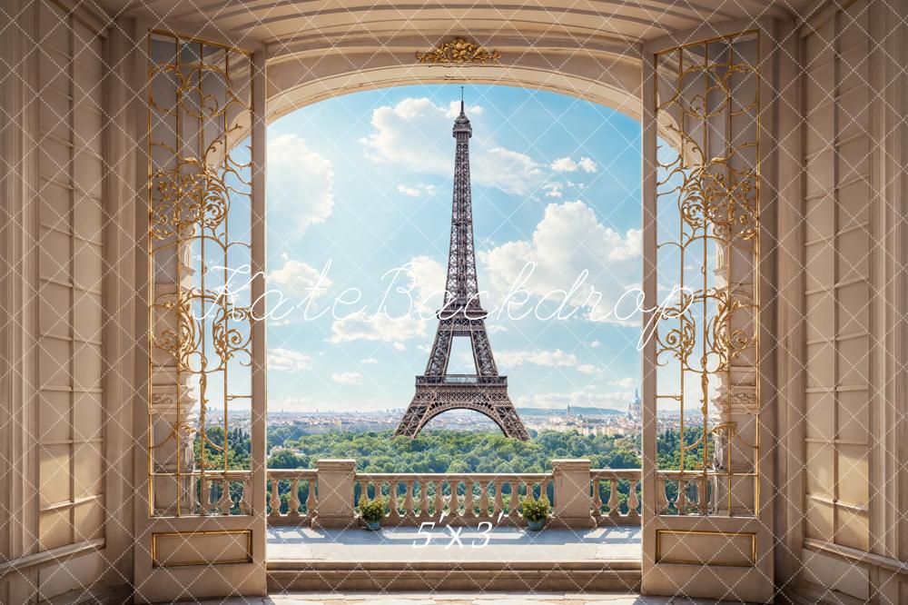 Kate Retro Beige Bogenbalkon Blauer Himmel Weiße Wolken Grüner Wald Paris Turm Hintergrund Entworfen von Emetselch - Kate Backdrop.de