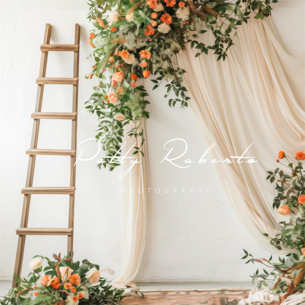 Kate Wandteppich und Leiter mit Blumen Hintergrund Entworfen von Patty Robert - Kate Backdrop.de